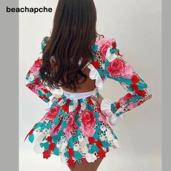 Beachapche Sexy V Neck Suits Women Fashion Backless Hollow Out Suit Women Elegant Printed Loose Shorts Suits Female Ladies