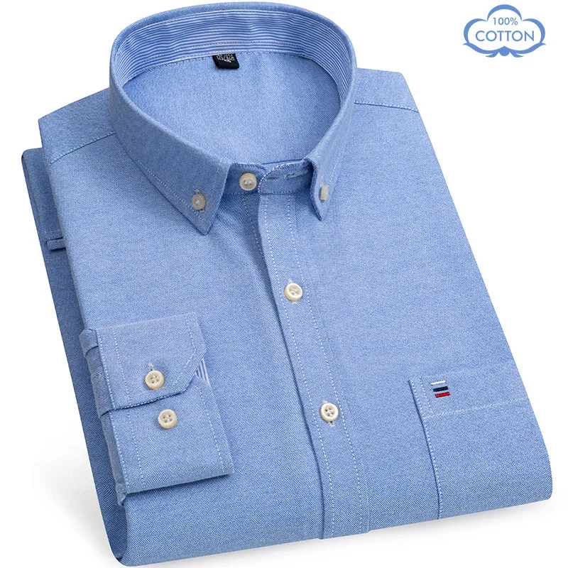 New Size S -7XL Blue Men Shirt Long Sleeve 100% Cotton Oxford Soft Comfortable Regular Fit Quality Business Man Casual Shirts | Мужская