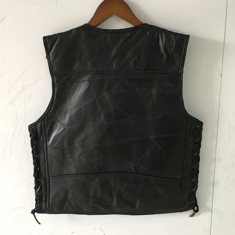 Motorcycle Vest Men's Stitching Sheepskin Leather Waistcoat V-Neck Street Style Cool Motorcycle Jacket Motocross Equipment
