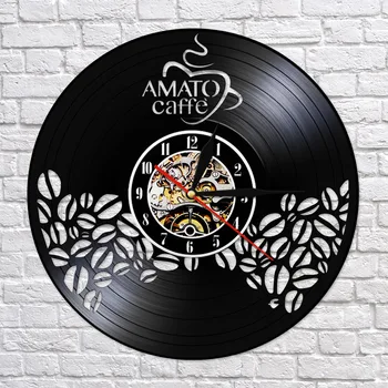 

Amato Caffe Vinyl Record Clock Coffee Beans Design Hanging Silent Watch Coffee Lover Gift Coffee Bar Shop Wall Decorative Sign