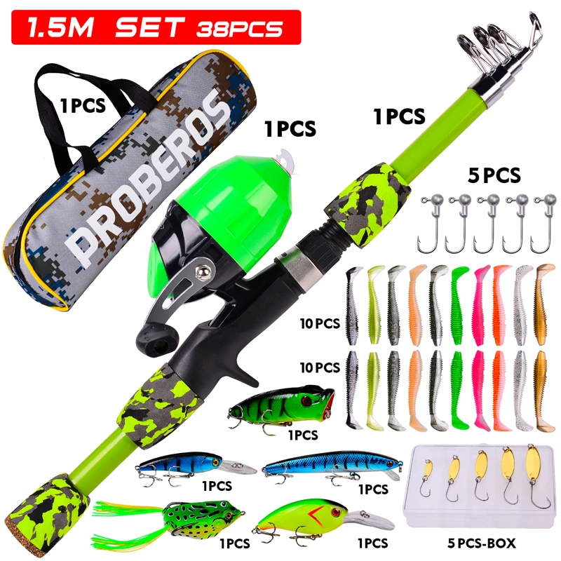 PROBEROS Kids Fishing Pole Portable&Reel Set 1.2-1.5-1.8m Spincast Reel Telescopic  Fishing Rod Lures Fishhooks Kit for Children - AliExpress