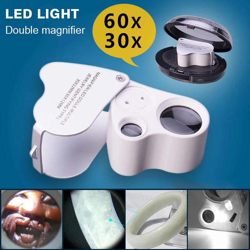 

Ручная Лупа с 2 светодиодный, портативный складной держатель для ювелирных изделий и часов, увеличительное стекло 30 х60х, профессиональный инструмент для ремонта