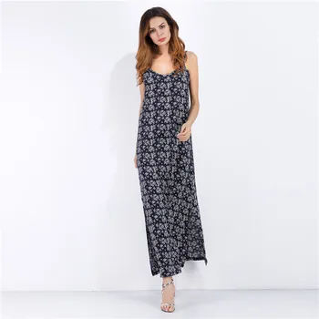 

5427 # V-neck Retro Floral Printing Slip Dress Sexy Big Hemline Dress Long Skirts 2020 New