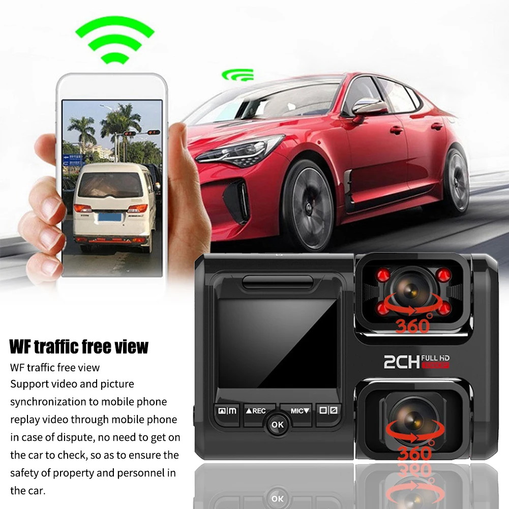Dash камера wifi двойной объектив мини видео рекордер черный ночного видения HD 360 градусов пластиковый автомобильный видеорегистратор парковки внутри снаружи