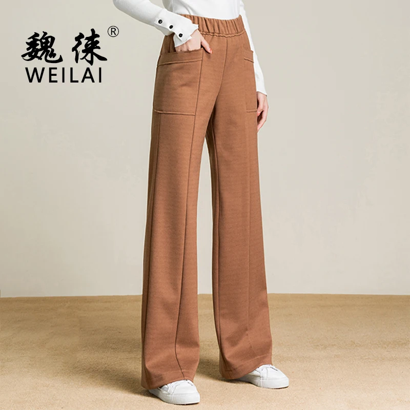 

High Waisted Wide Leg Pants Modis Stretch Solid Pants Khaki Palazzo Trousers Winter Warm Thick Pants 2018 New Fashion for Women