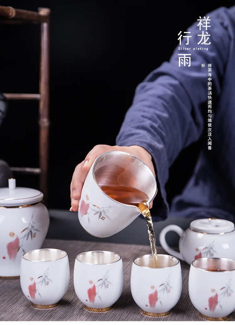 Чистый серебряный кунгфу набор для чая синий и белый фарфоровый набор керамический чайник шесть внутренних желчного пузыря серебряные чашки для чая подарки