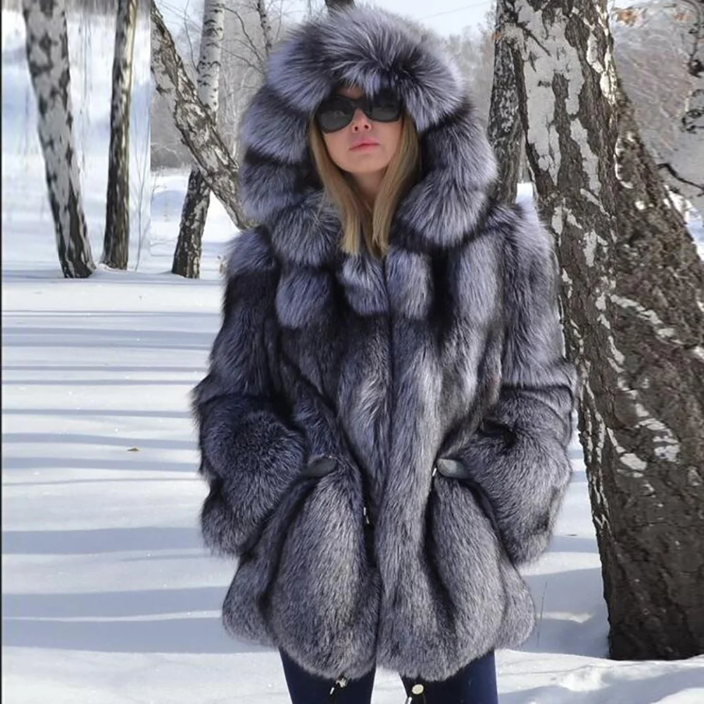 Роскошная Новинка, Настоящее пальто из серебристого лисьего меха, женская зимняя Толстая теплая женская меховая куртка с капюшоном, пальто из натурального меха для девочек, FC-167
