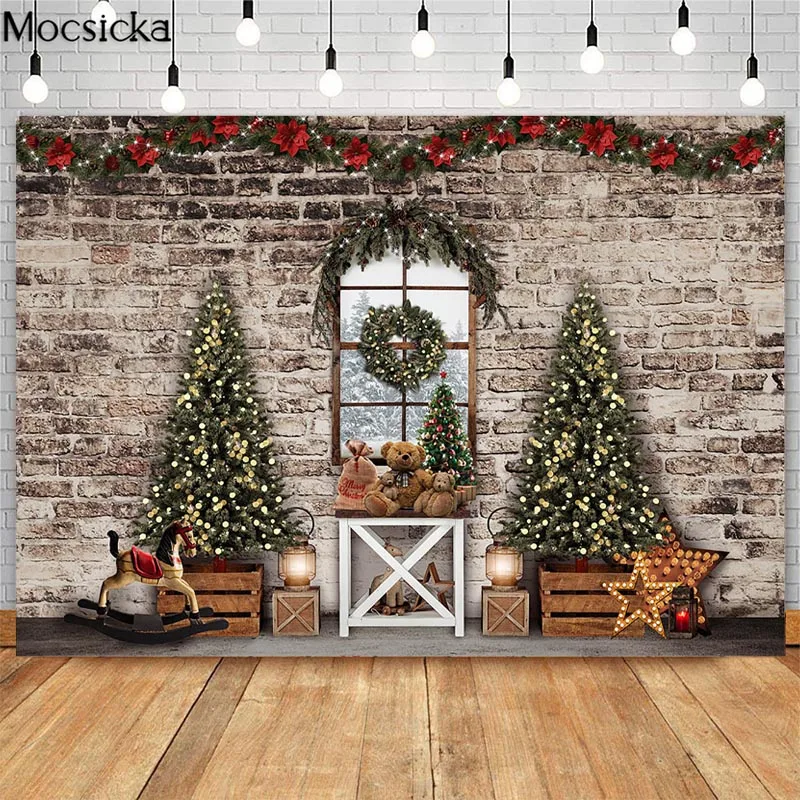 

Mocsicka Christmas Window Brick Wall Photography Background Christmas Tree Toys Decor Winter Snow Photography Backdrops
