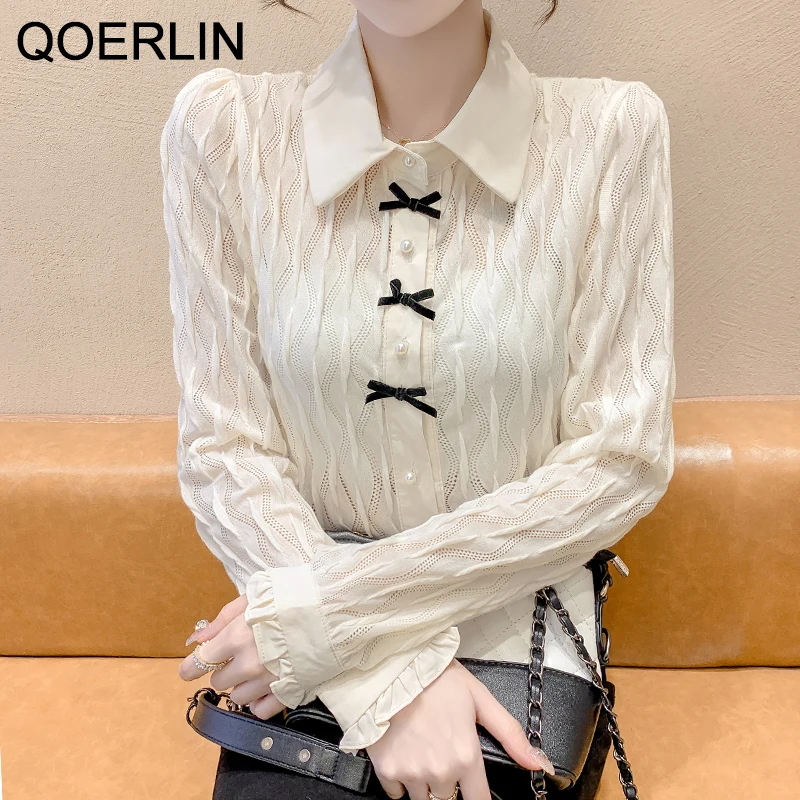 QOERLIN Fashion White Shirts Silk Women Blouses Office Lady Satin Blouse Long Sleeve Blouse OL Suit Collar Casual Ladies Tops