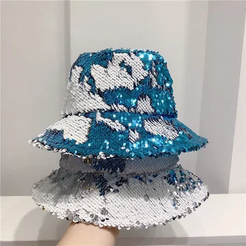 

Unisex Men Women Plaid Tweed Bucket Hat with Mini Sequins Ladies Black and Silver Sequins Hats with Raw Edges Female Caual Hats