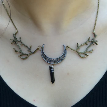 

Black Crescent Moon Branch Crystal Quartz Stone Necklace Antler Branch Pendant Necklace Wiccan Party Jewelry For Women