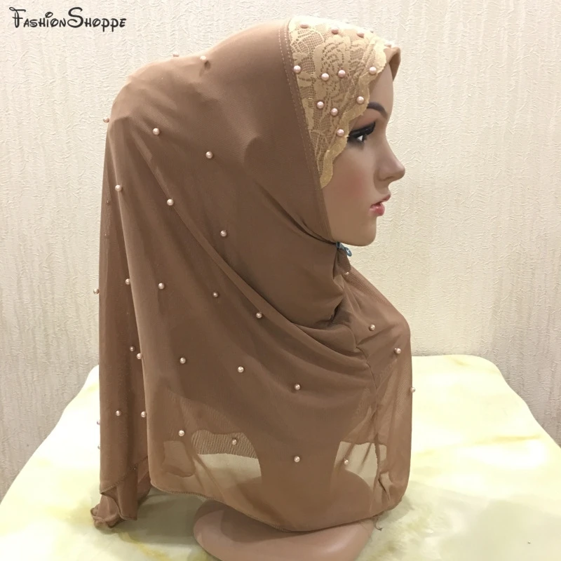 Мусульманский женский хиджаб исламский шарф женщина цельный платок на голову полное покрытие головной убор с красивым бисером кружева