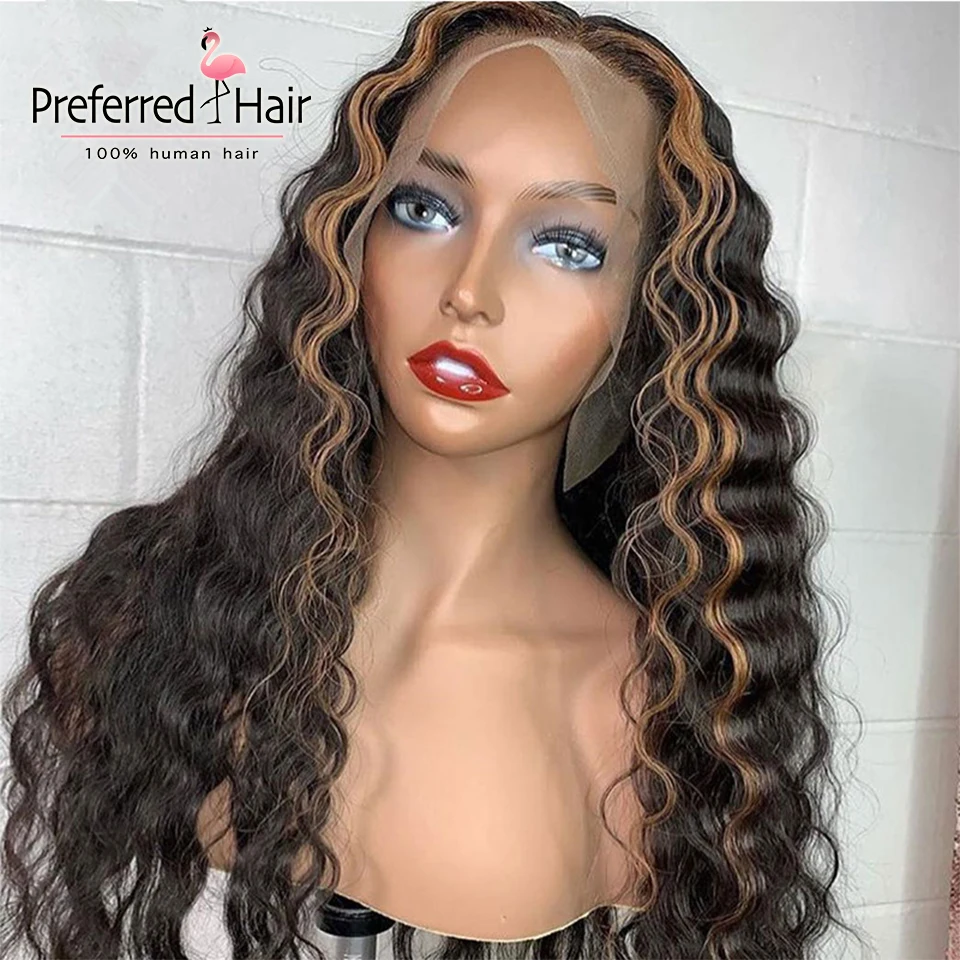 Предпочитаемый блонд выделяет 13x6 глубокая волна парик предварительно сорванный бразильский Remy красный кружевной передний человеческие волосы парики для черных женщин