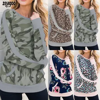 

New Fashion Women Casual O-Neck Long Sleeve Hips Length Pocket Prints Sweatshirt Pullover