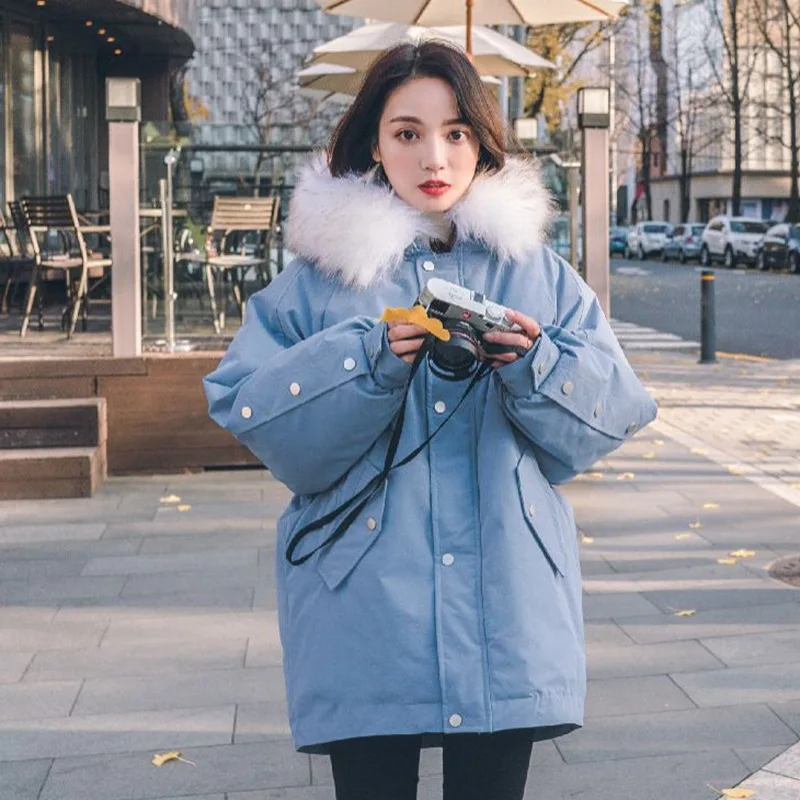 

Photo Shoot INS Sweet Best Friend Drawstring Waist Hugging Cotton Coat Loose-Fit Hooded Large Fur Collar behind Bow Thick Cotton