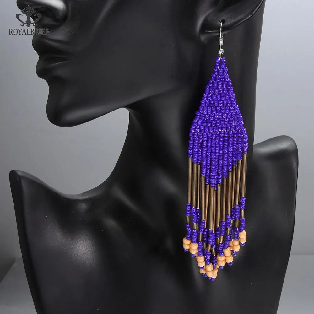

Women's Handmade Ear Hook Earrings Purple Boho Long Tassels Lop Earrings Ethnic Jewelry Multicolor Beaded Tassel Earrings