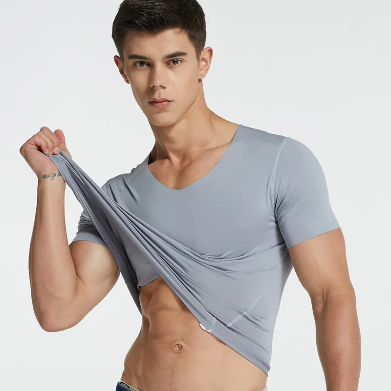 

2020 V-neck Men t-shirt Summer New Fashion Trend Casual Gray Solid Bottoming shirt Thin Short-sleeved Slim tshirts Tops Clothing