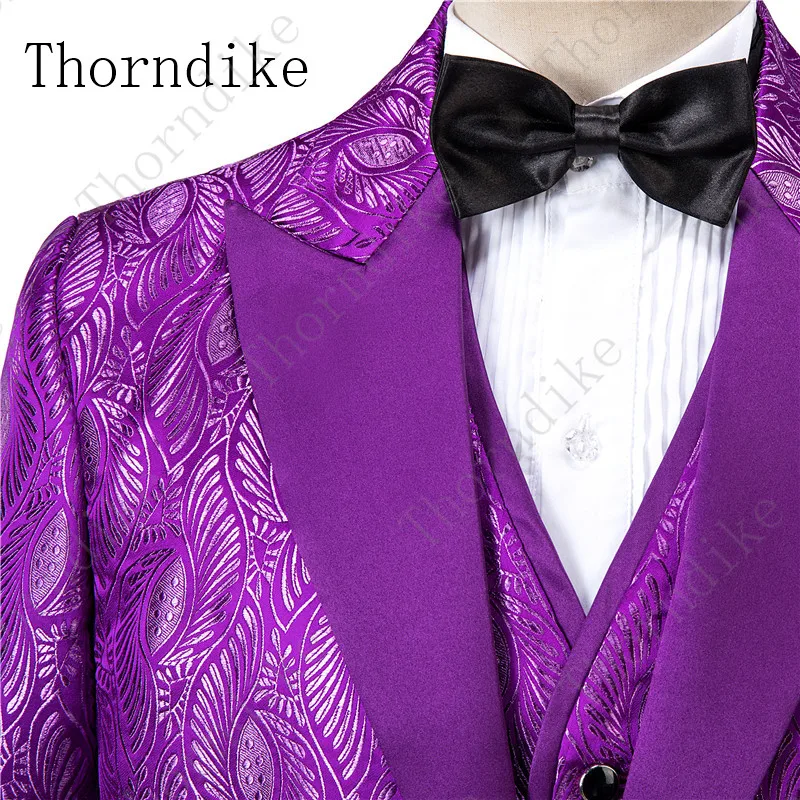 Thorndike мужской костюм на выпускной со штанами фиолетовые Цветочные жаккардовые свадебные костюмы для мужчин 2 комплекта(куртка+ брюки) Британская приталенная смокинги