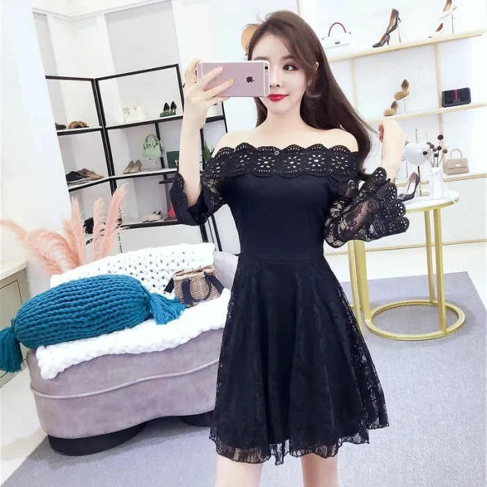 

Slimming Slim Fit A- line off-Shoulder Base Long Sleeve Lace Dress Fashion Waist Graceful WOMEN'S Dress Bell Sleeve Income
