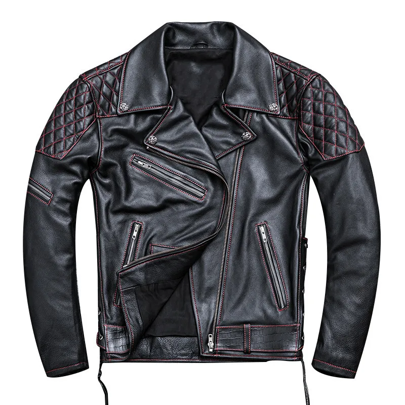 

2020 Black Men American Style Motorcycle Jacket Plus Size XXXXL Genuine Thick Cowhide Spring Biker's Leather Coat