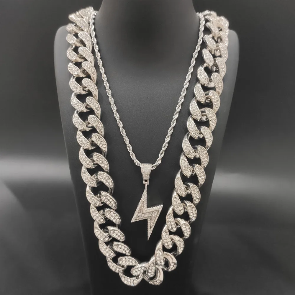 

Men Jewelry Necklace Hip Hop Gold Sliver Iced Out Rhinestone Crystal Miami Cuban Lightning Pendant Necklace Set Hip Hop