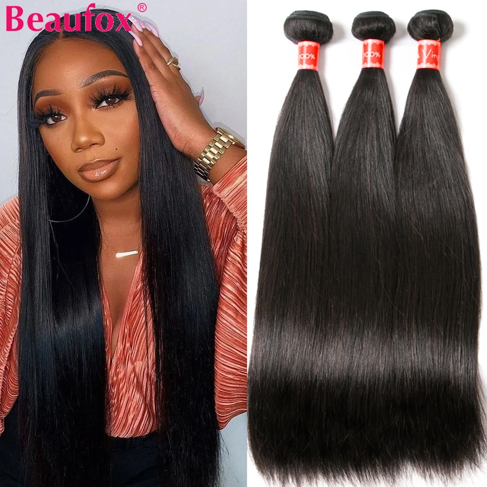 Beaufox-mechones de cabello peruano liso, mechones de cabello humano postizo, extensión de cabello Remy Natural/negro azabache 1/3/4 Uds. 8-30 pulgadas