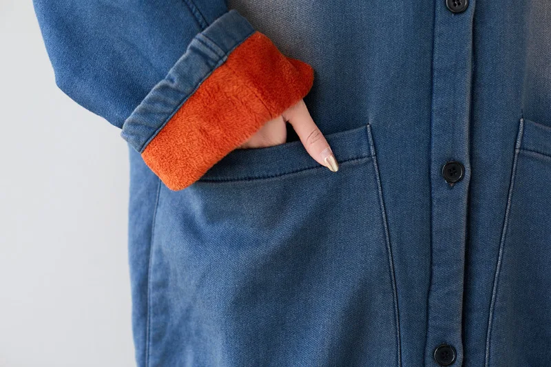 Зимний джинсовый Тренч, флисовый Тренч, женское утолщенное теплое длинное Ковбойское пальто с принтом, винтажное китайское макси пальто большого размера, пальто с круглым вырезом