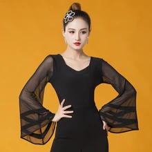 Черные топы для латинских танцев, сексуальная сетчатая стандартная одежда для сальсы с рукавами, женская одежда для бальных танцев, одежда для самбы, тренировочная рубашка DL4731