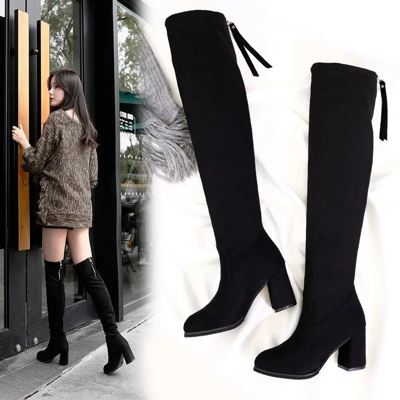 Г., новые зимние женские модные удобные теплые сапоги из хлопка женские повседневные пикантные черные сапоги на высоком каблуке из флока на молнии mujer c96 - Цвет: black