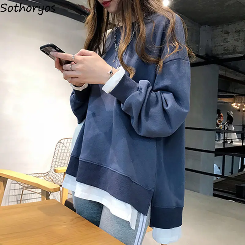 

Hoodies Women Soft Thin Korean Style Loose Long-sleeved O-neck Ulzzang Solid Streetwear Large Size Womens Clothing Chic Casual