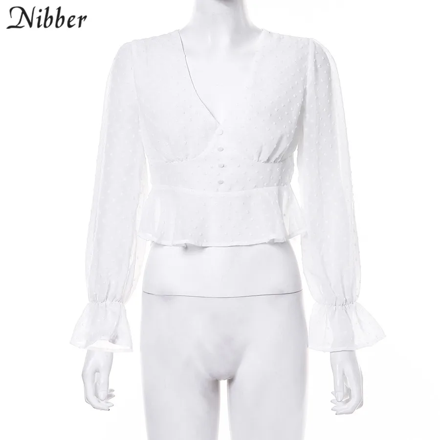 Nibber элегантные офисные платья белые с оборками укороченные топы для женщин осень Мода Дикий v-образным вырезом с длинным рукавом Повседневные футболки mujer