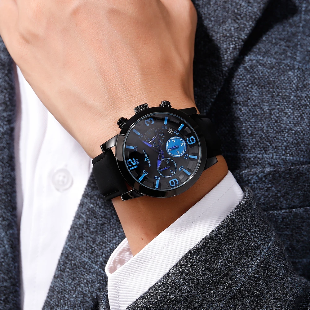 

Calendar Display Watches Mens 2019 Running Seconds Multi-Function Six-Pin Leather Starp Wristwatch Relogio Masculino Colck Blue