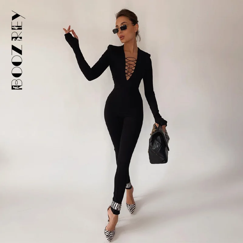 BoozRey Women 2021 Autumn New V-neck Long-sleeved Tight-fitting High-waist Hip-lifting Fitness Jumpsuit Women Body Overalls