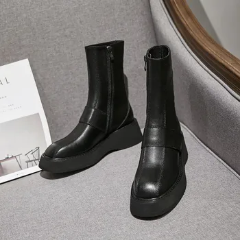 

Flat Platform Chelsea Boots Elastic Band Black Leather Ankle Long Boots Height Increasing Shoes Women