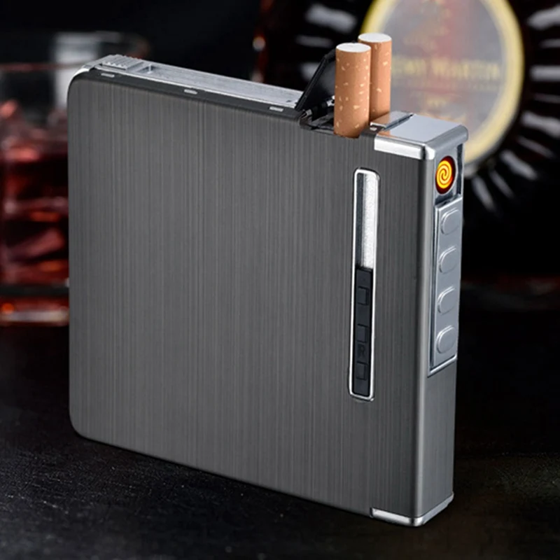Тонкий Алюминиевый металлический Автоматический чехол для сигарет с USB перезаряжаемой ветрозащитной зажигалкой может вместить 20 сигарет