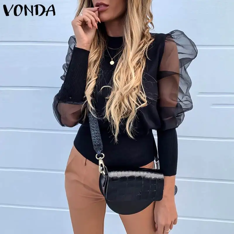 VONDA, Женские базовые свитера, Повседневные свитера с круглым вырезом и длинным рукавом, рубашки, хлопковые свободные открытые блузы размера плюс