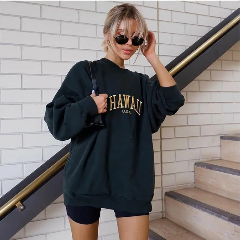 Black Letter Printing Oversized Crewneck Sweatshirt Women Loose Vintage Pullover Long Sleeve Fashion Tops Spring 2021 USA Style | Женская