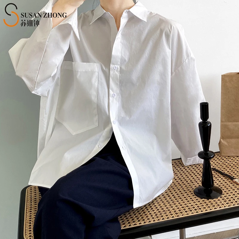 

Women Shirts Female Blouses Tops Full Long Sleeve Modern Official Loose Solid Pockets Polyester Casual Turn-Down Collar Autumn