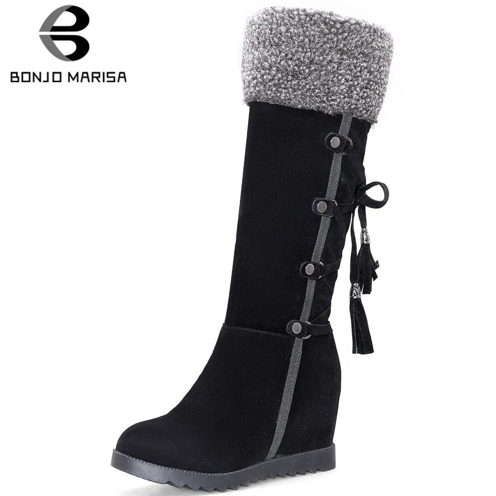 

BONJOMARISA 32-43 Concise Fringe Boots Lady Elegant Height Increase mid-calf Boots Women 2020 Winter Warm High Heel Shoes Woman