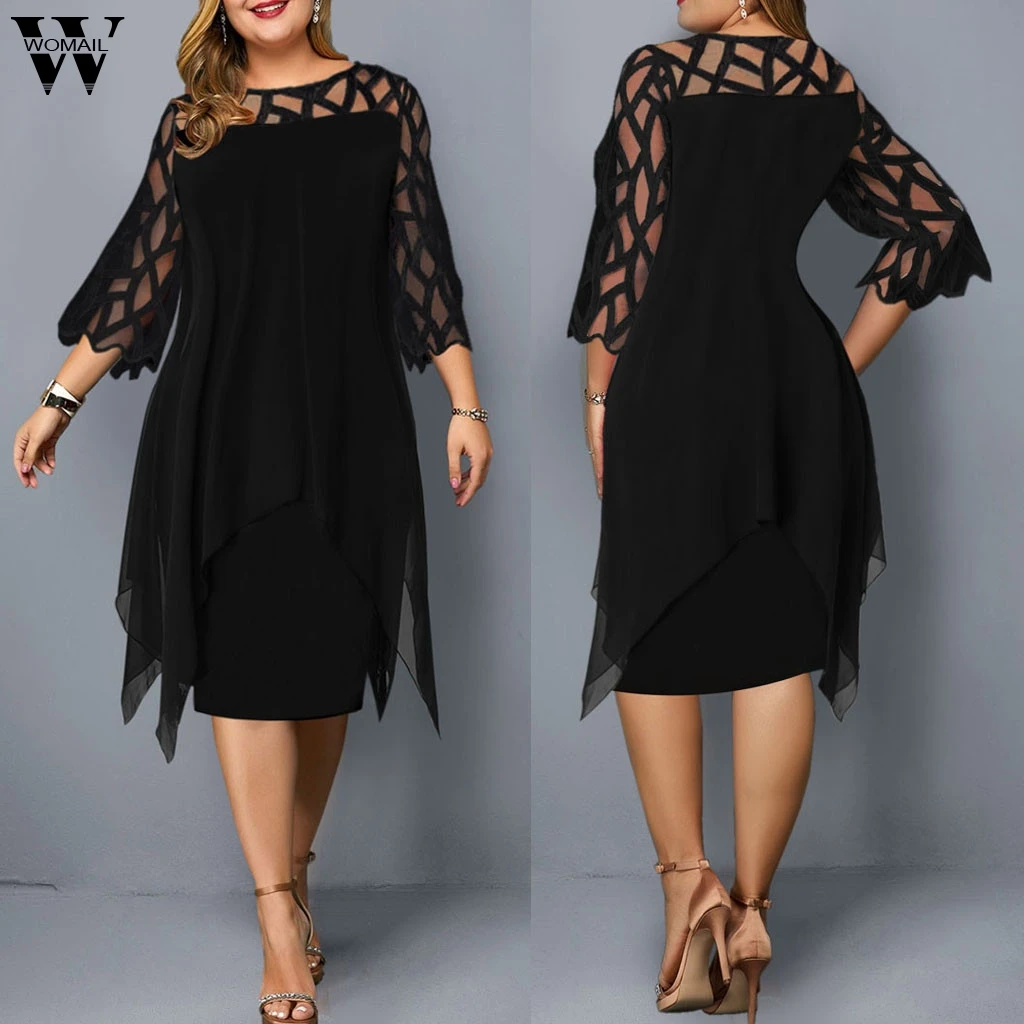 Womail Dresses Openwork perspective mesh chiffon double-layer large size dress Hollow Out O-Neck Casual Dress woman Vestidos N11