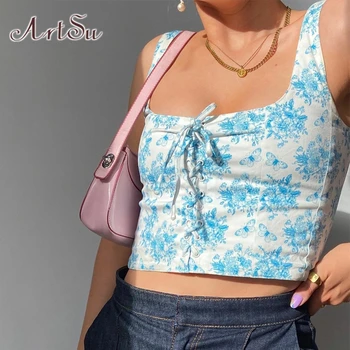 

ArtSu Sexy Cross Drawstring Bandage Floral Print Crop Top Off Shoulder 2020 Summer Women Casual Slim Camis Streetwear ASVE21267