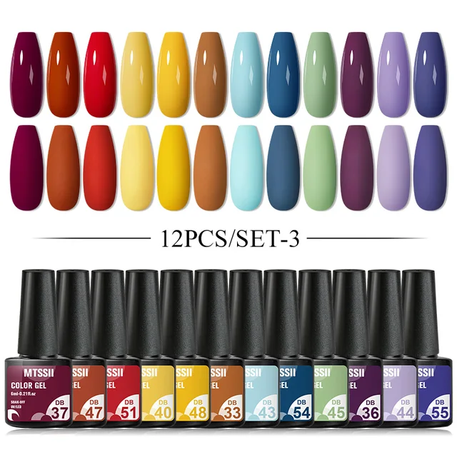 Mtssii 10Pcs/set Color Gel Nail Polish Set 100 Colors Semi Permanent UV Led Gel Varnish Soak Off Nail Lacquers Base Top Coat ZH16198 12PCS