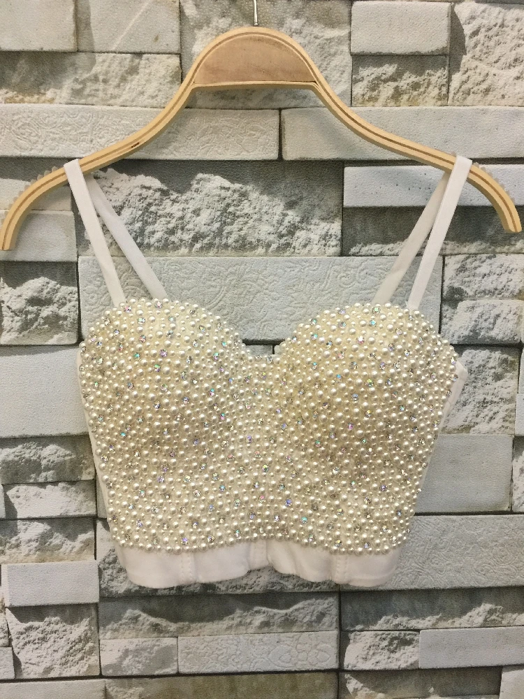 P59 New High-end Hand-made Pearls Jewel Diamond Bralet Women's Corset Bustier Bra Night Club Party Cropped Tube Tops | Женская