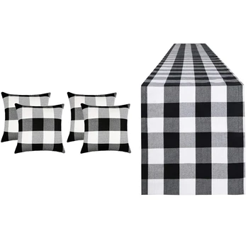 

1 Pcs 14 X 108 Inch Table Runner Buffalo Check Table Runner & 4 Pcs Buffalo Check Plaid Throw Pillow Covers