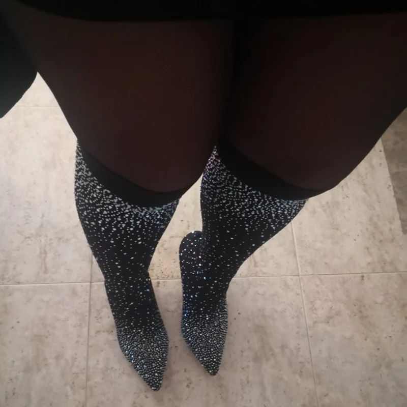 Fashion Women Over The Knee High Thigh Sock Boots 11.5cm High Heels Crystal Diamond Stripper Long Thigh Fetish Boots Shoes