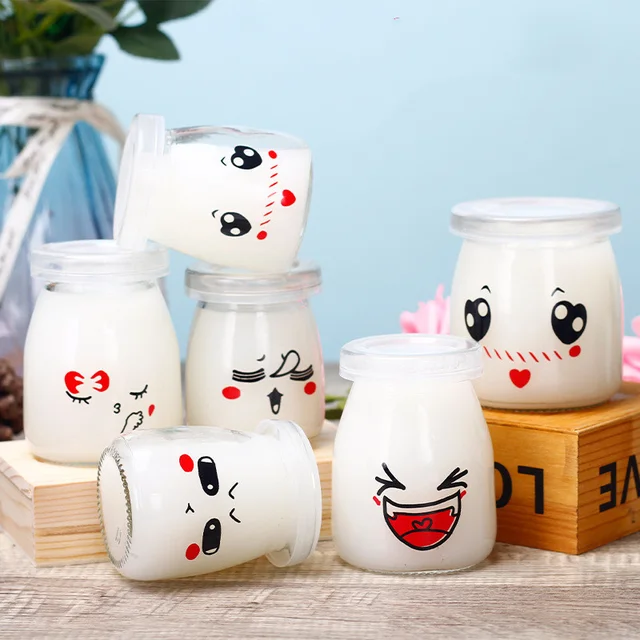 6pcs Set 100/150/200ml Pudding Bottle Glass Cute Can Heat-Resistant Yogurt Containers Milk Cup Jelly Jar For Home Storage Jar