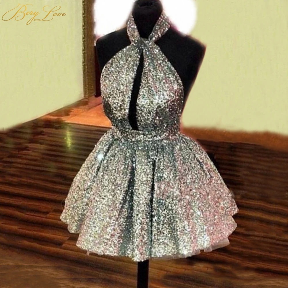 

BeryLove Glitter Silver Homecoming Dress 2019 Halter NeckMini Young Girl Open Back Homecoming Gown A line Short Graduation Dress