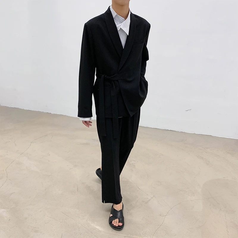 Men's suit 2019 autumn and winter new handsome long loose belt pure color wild suit young people fashion trend men's clothing Men's suit 2019 autumn and winter new handsome long loose belt pure color wild suit young people fashion trend men's clothing