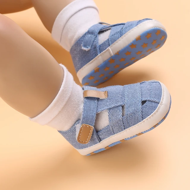 2021 NEW 0-18Months Kids Newborn Baby Boys Fashion Summer Soft Crib Shoes First Walker Anti Slip Sandals Shoes Soft Sole B202 Blue