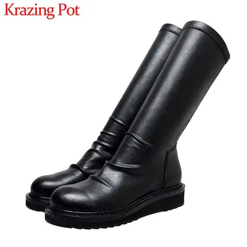 

Krazing Pot simple solid basic high street fashion round toe cow leather stretch boots winter keep warm women mid-calf boots L65